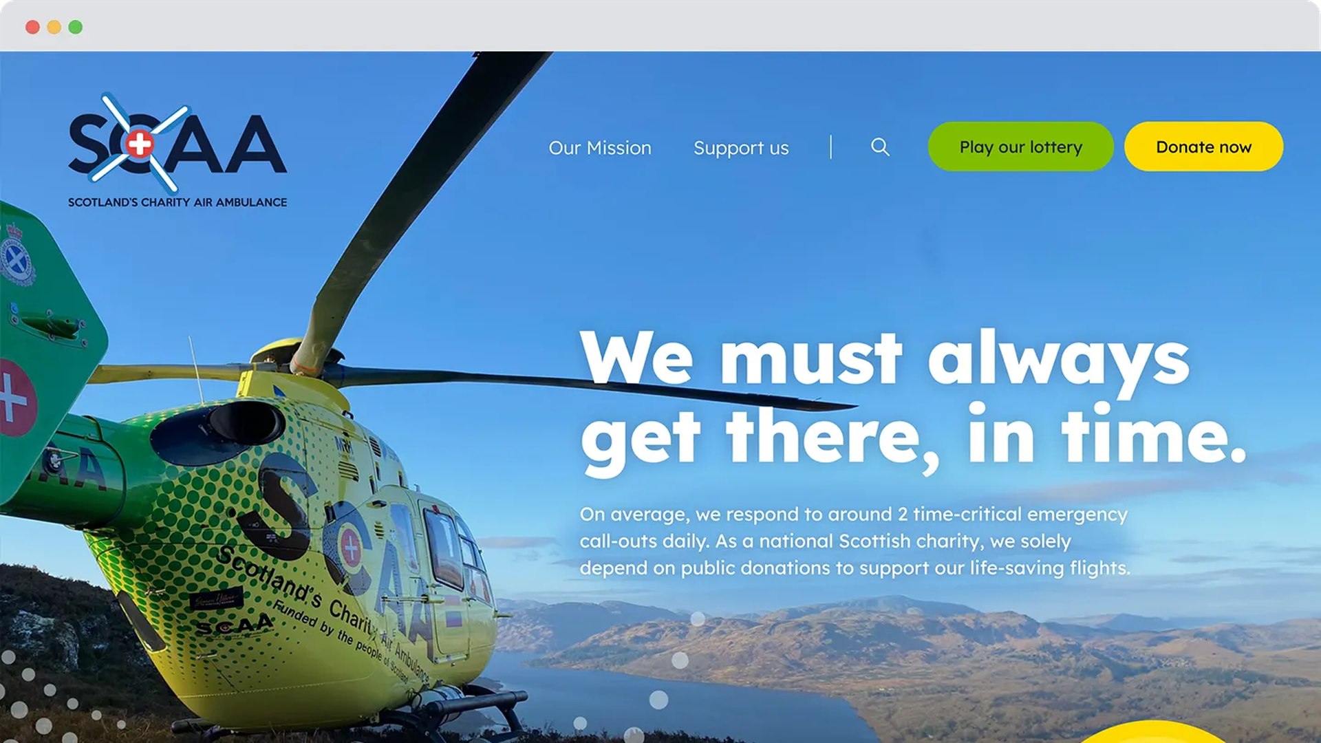 The new Scotland’s Charity Air Ambulance website showing a helicopter against a clear blue sky with the message “We must always get there, in time.”