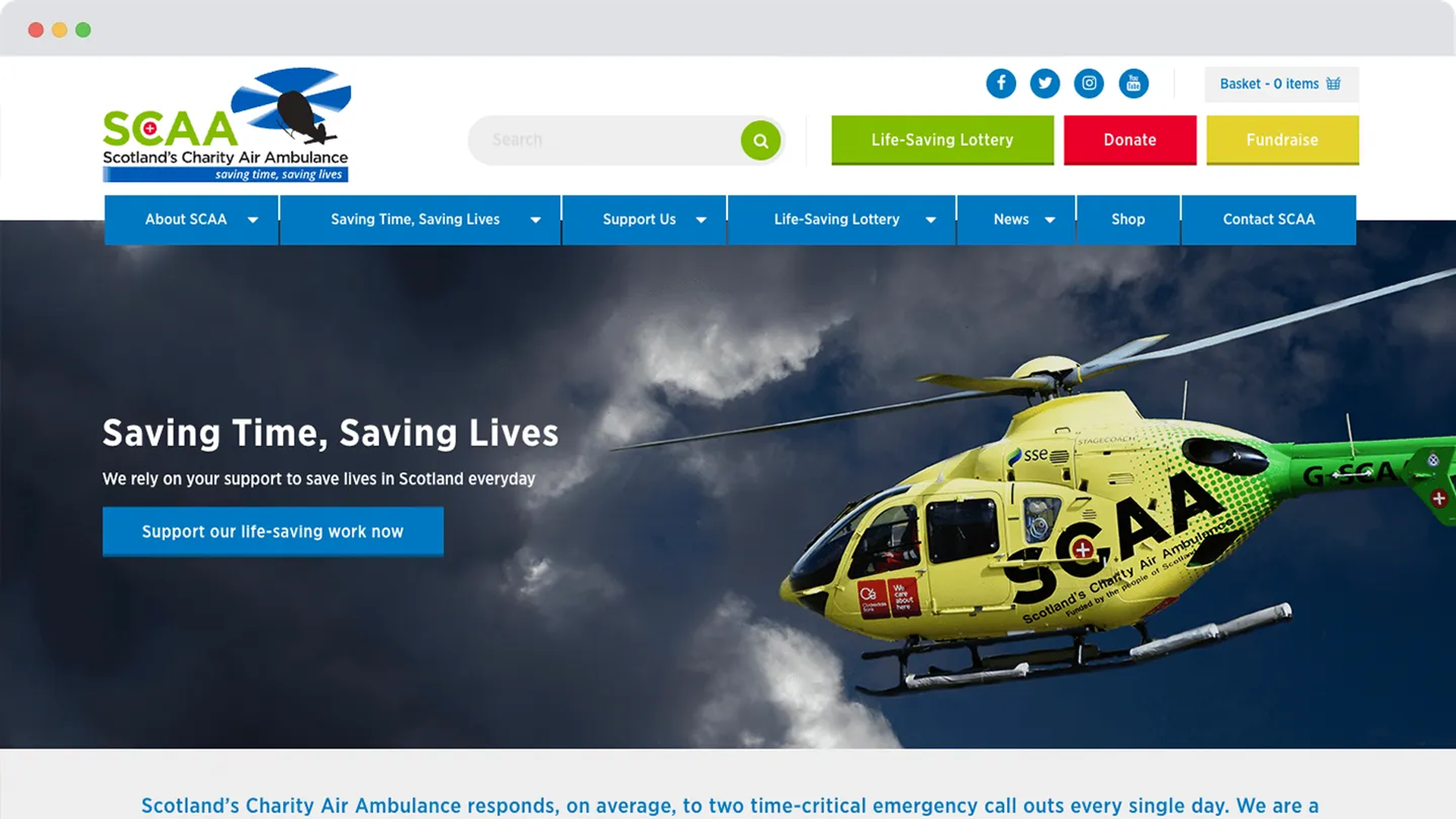 The previous Scotland’s Charity Air Ambulance website with an older design and the headline “Saving Time, Saving Lives.”