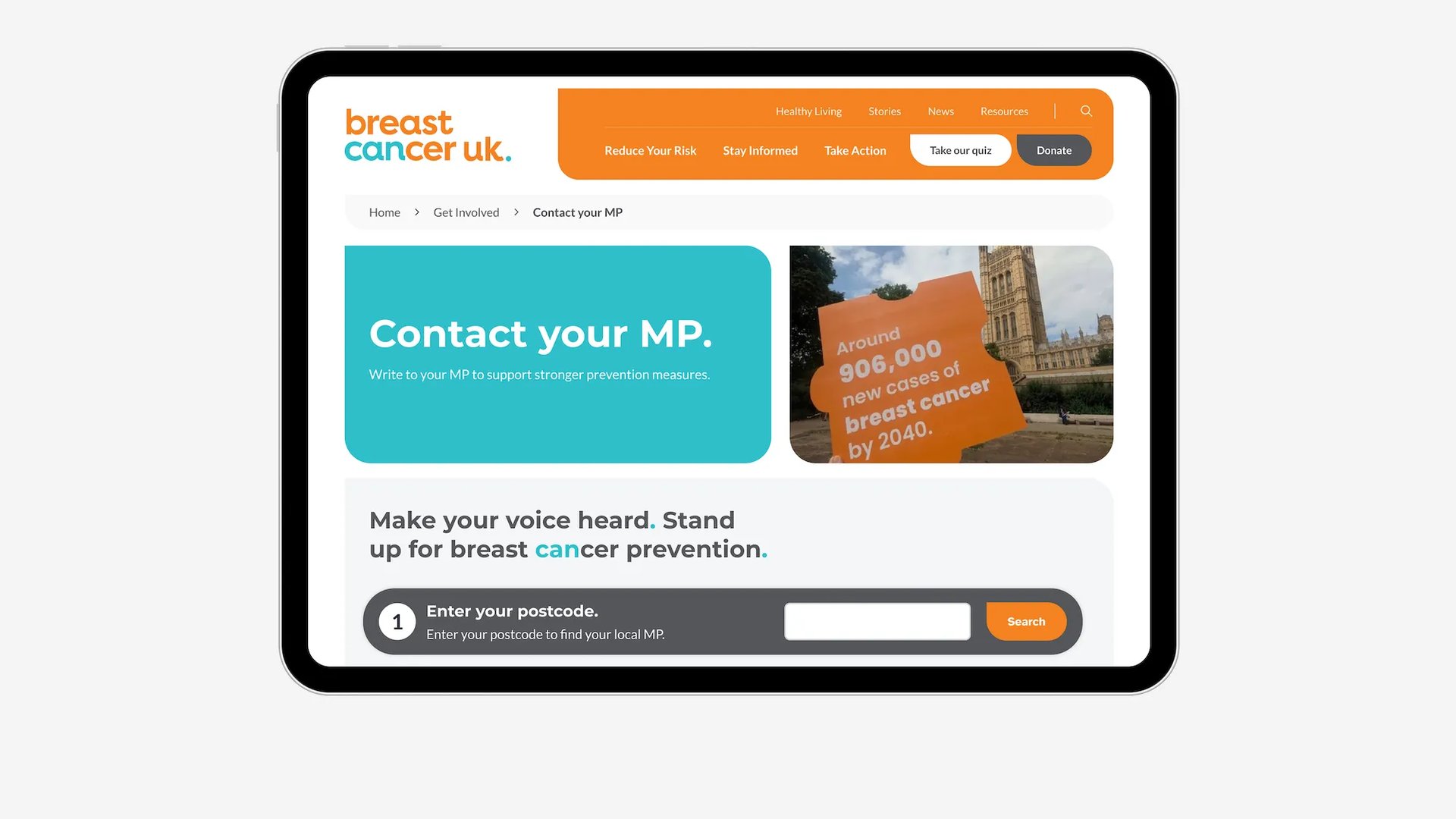 An iPad showing the Breast Cancer UK “Contact your MP” page, including prevention messaging and a postcode search tool.