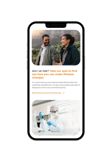A mobile phone displaying the Breast Cancer UK quiz page with lifestyle advice and images of a couple walking and a lab technician working.