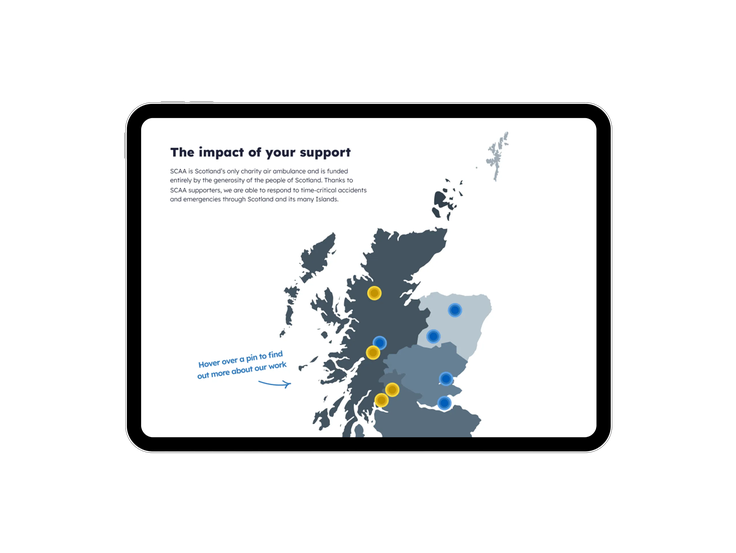 Tablet showing a map of Scotland highlighting SCAA’s service areas with coloured pins and text explaining the impact of supporter donations.