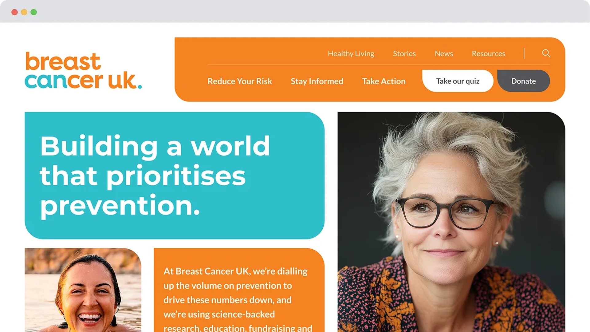 Breast Cancer UK’s redesigned homepage showing bold prevention messaging, bright colours, and imagery of smiling and reflective women.