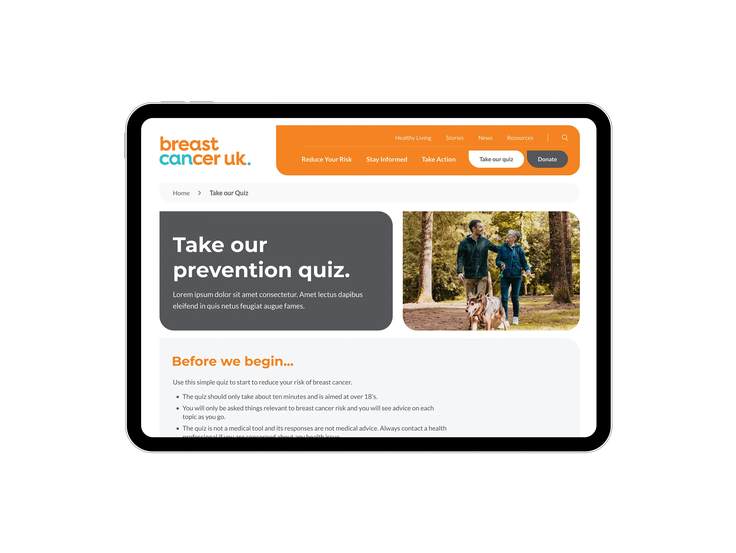 An iPad displaying the Breast Cancer UK prevention quiz page with introductory text and images of a couple walking outdoors.