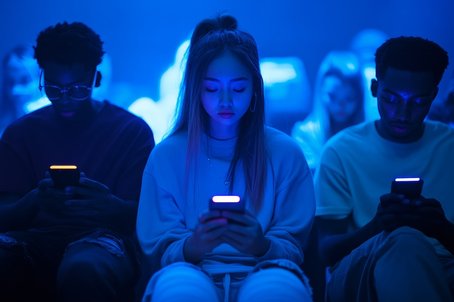 A diverse group of young adults sits in a dim, blue-lit room, each focused on their smartphone screens. The image evokes themes of digital immersion and sensory experience, subtly highlighting how people engage with technology in different ways.
