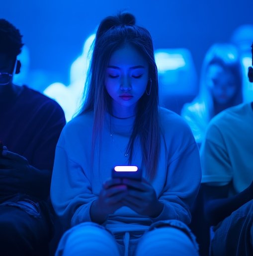 A diverse group of young adults sits in a dim, blue-lit room, each focused on their smartphone screens. The image evokes themes of digital immersion and sensory experience, subtly highlighting how people engage with technology in different ways.