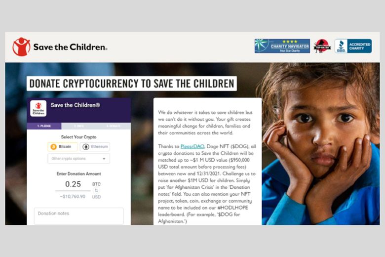 screenshot of Save the Children website donation page for Crypto Currency donations
