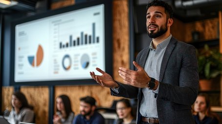 Charity leader presenting digital strategy and data insights to a boardroom team, with charts and graphs on a screen behind.