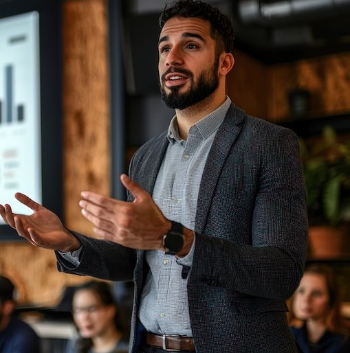 Charity leader presenting digital strategy and data insights to a boardroom team, with charts and graphs on a screen behind.
