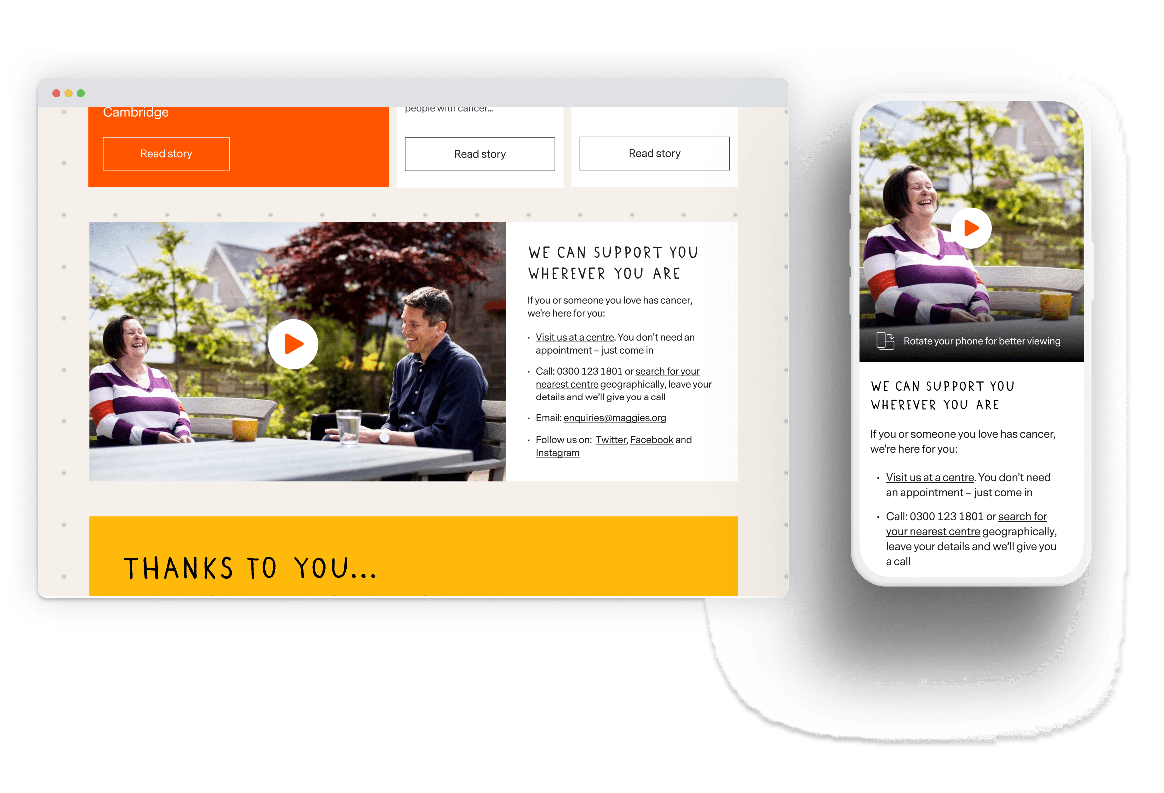 The Maggie's website shown on both desktop and mobile